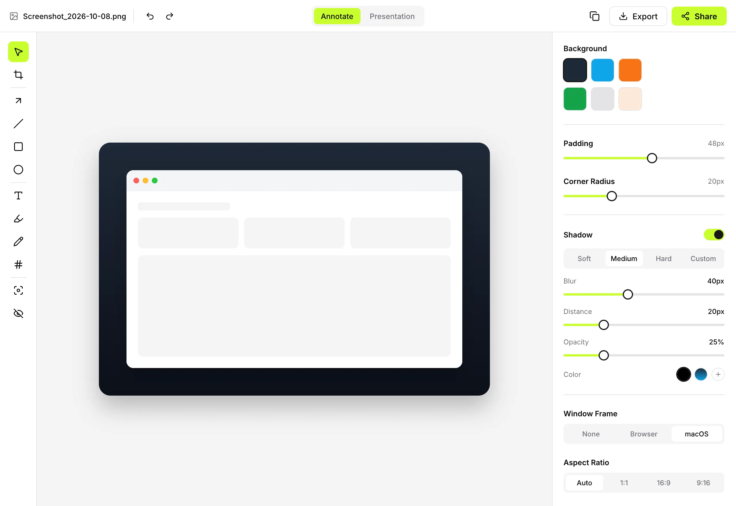 LumenGrab editor with annotation tools, backgrounds, padding and shadow controls.
