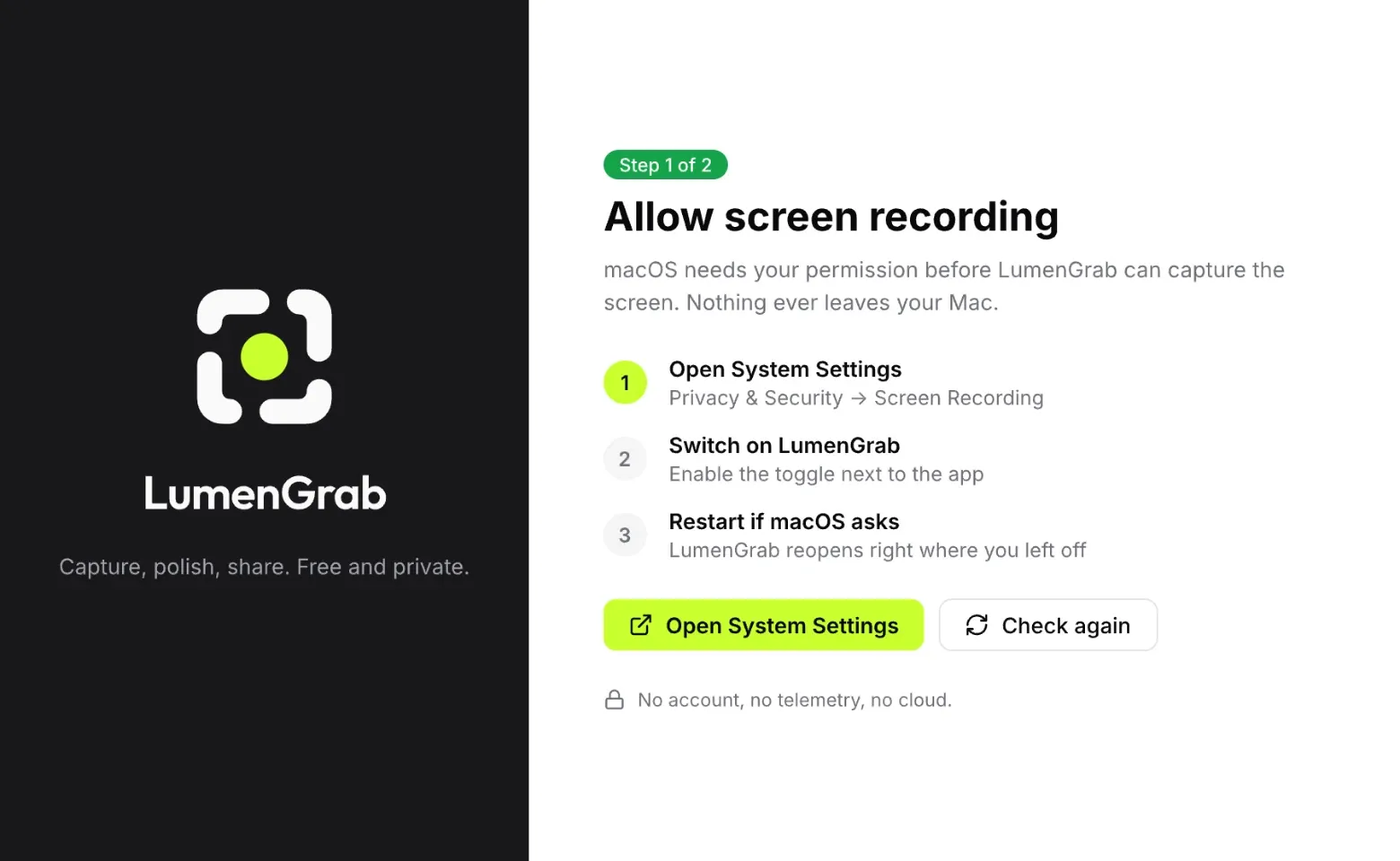 LumenGrab Screen Recording permission guide with steps to open System Settings and check access.