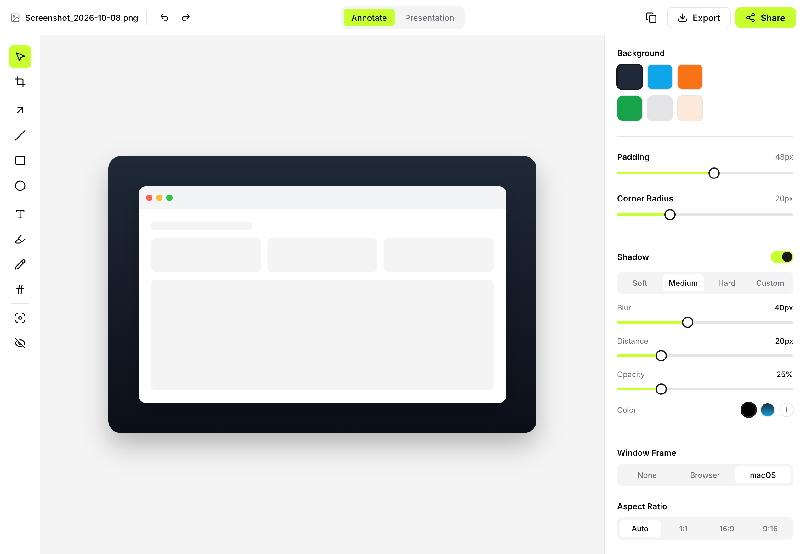 LumenGrab editor with background and annotation controls.